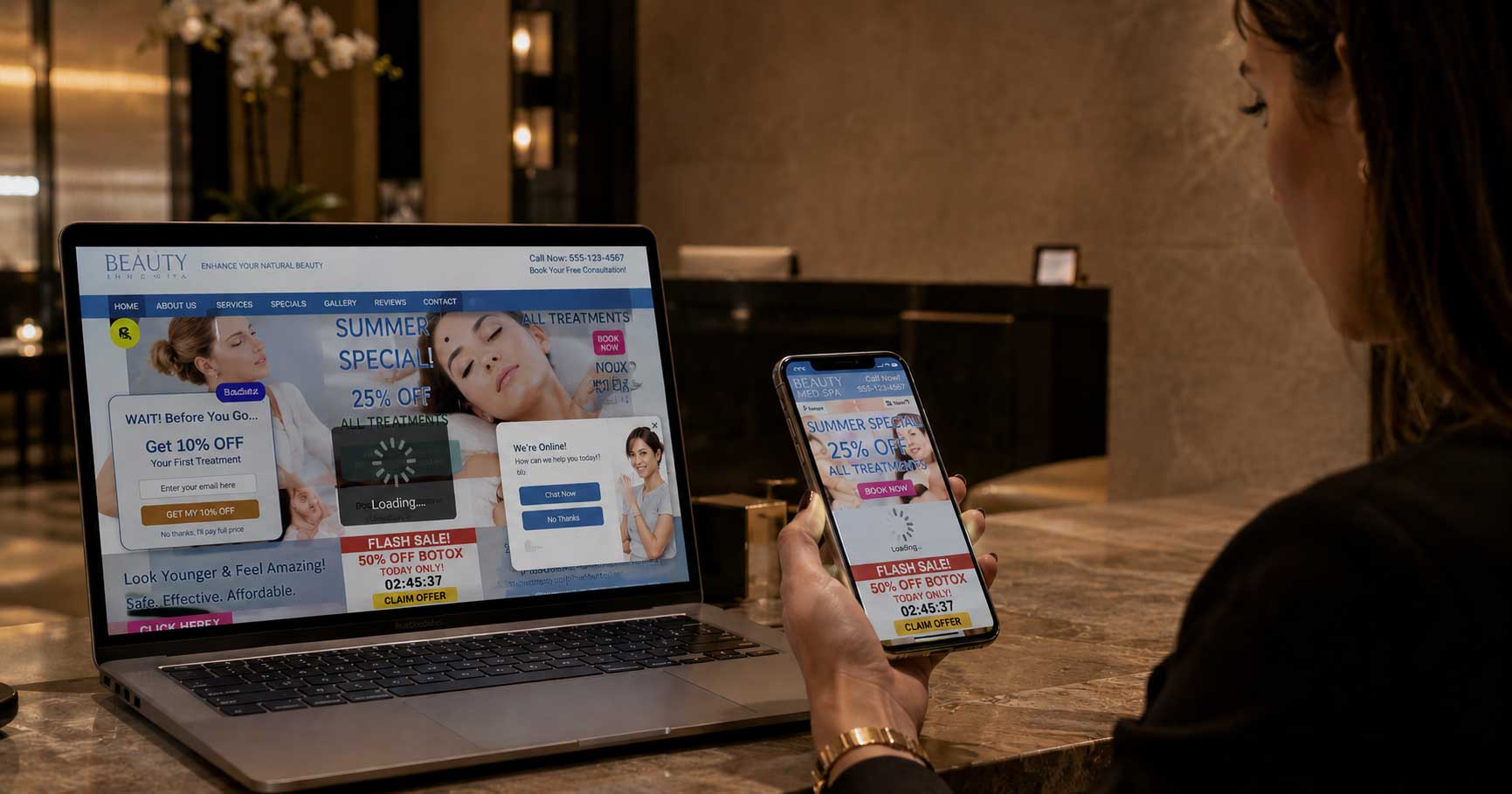 Outdated medical spa website displayed on a laptop and female reviewing the site design.