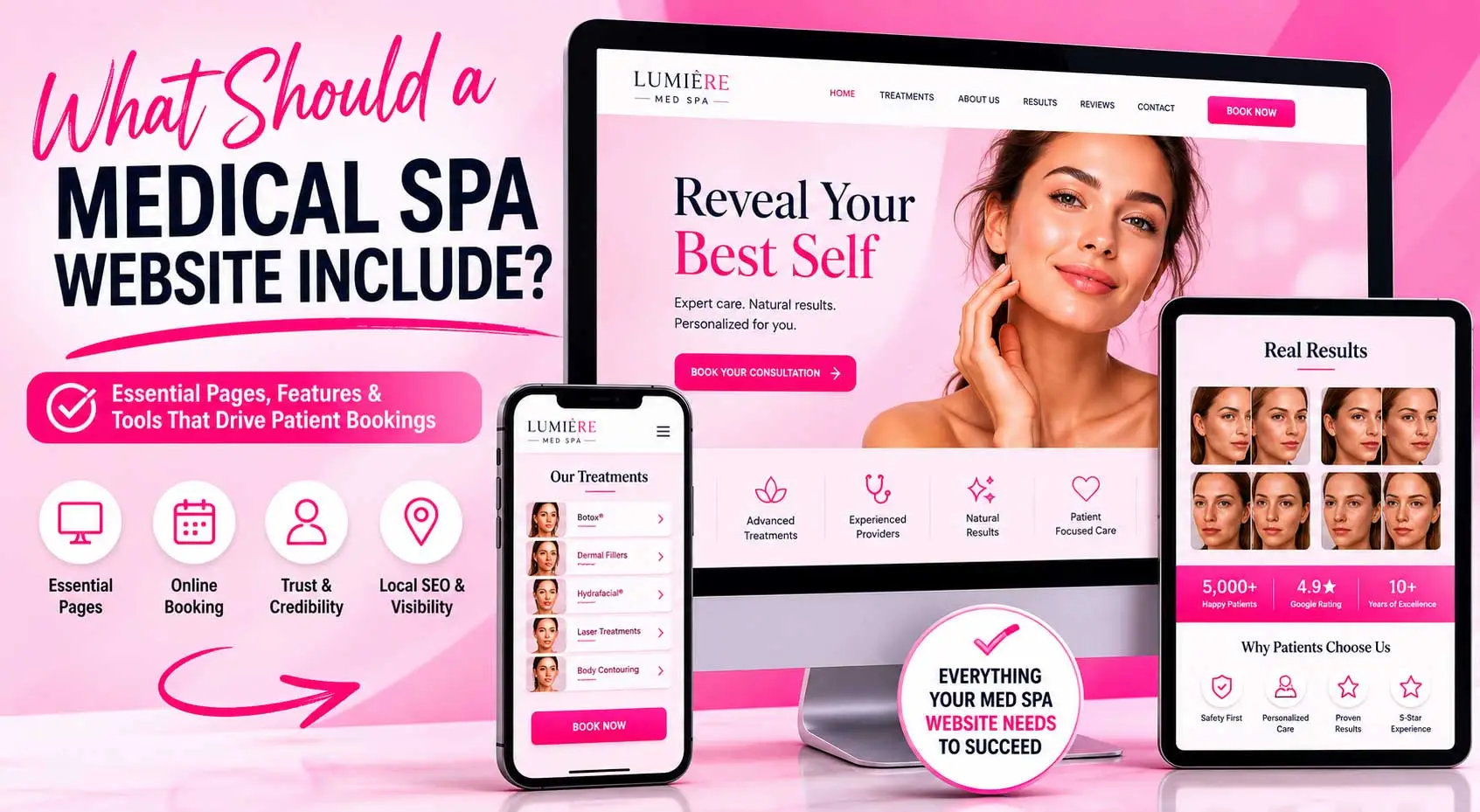 Medical spa website design showing treatment pages, booking system, and patient conversion features.
